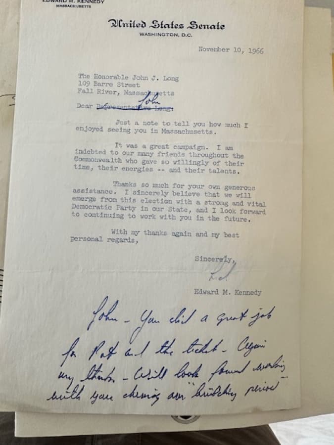 Letter from Senator Edward Kennedy to Representative John J. Long, November 10, 1966, with the typed salutation crossed out and John written in by hand