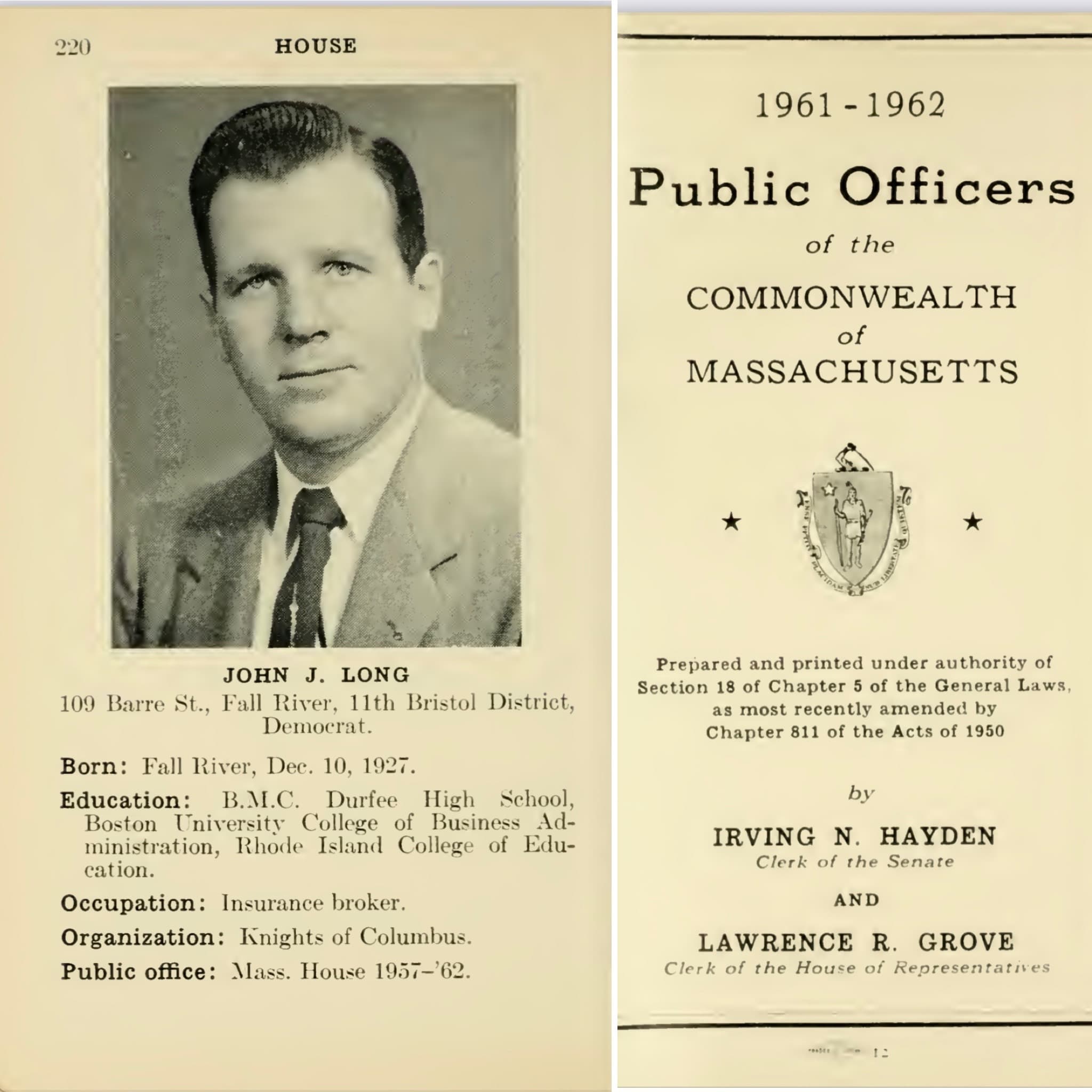 John J. Long — Public Officers of Massachusetts, 1961–1962