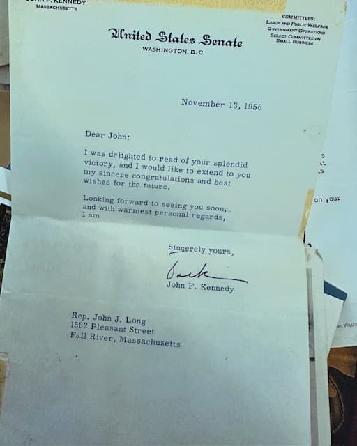 Letter from Senator John F. Kennedy to State Representative John J. Long, November 1956